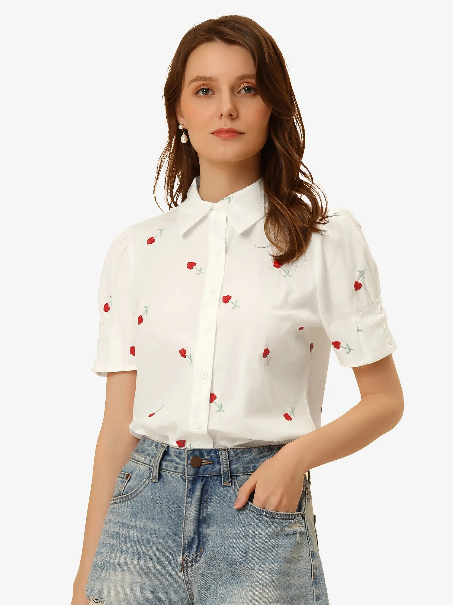 Short Sleeve Blouse Collared Embroidery Flower Button Up Shirt sold by Allegra K