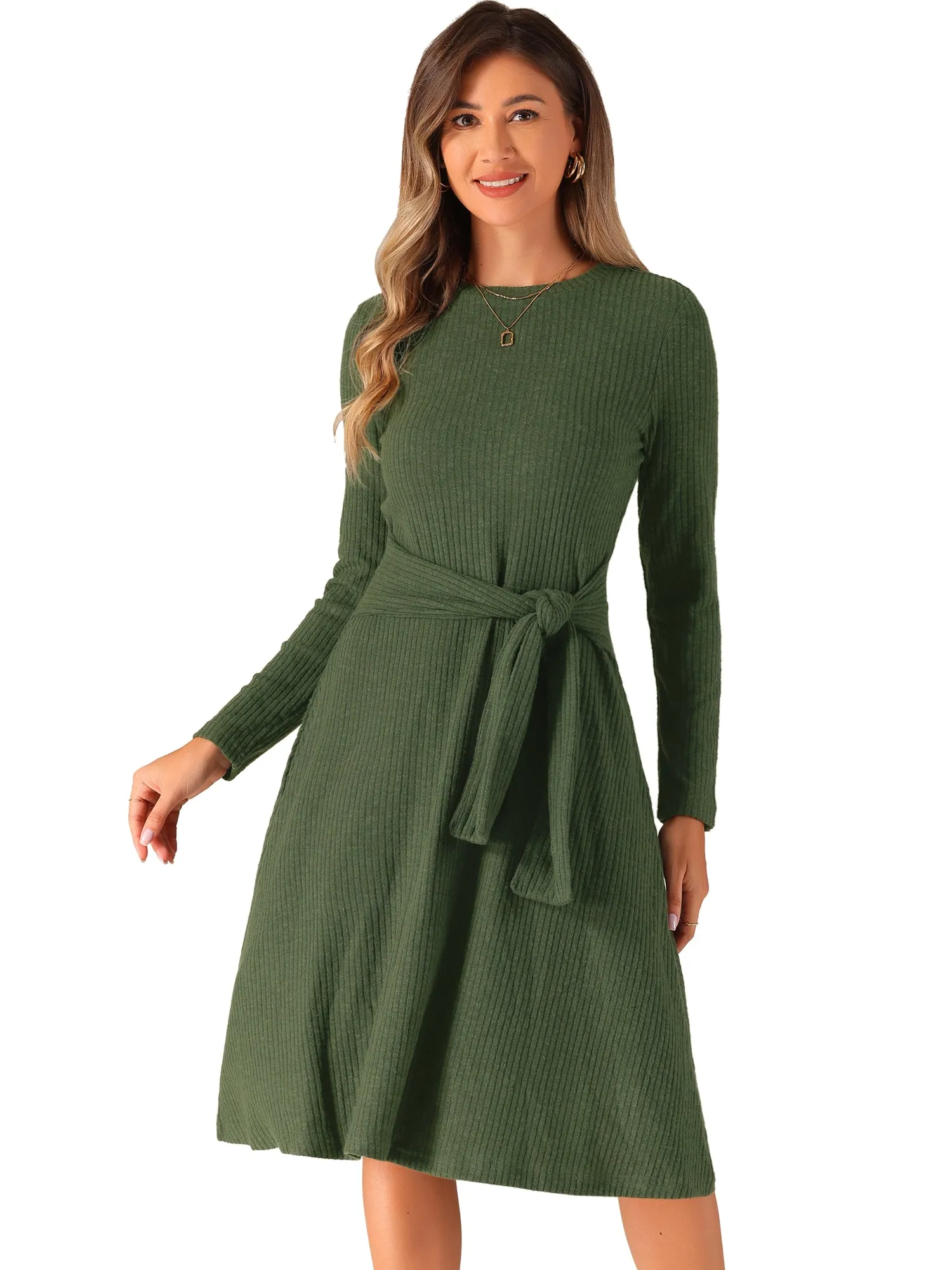 Ribbed Knit Crew Neck Long Sleeve Midi Sweater Dress sold by Allegra K product image thumbnail 4