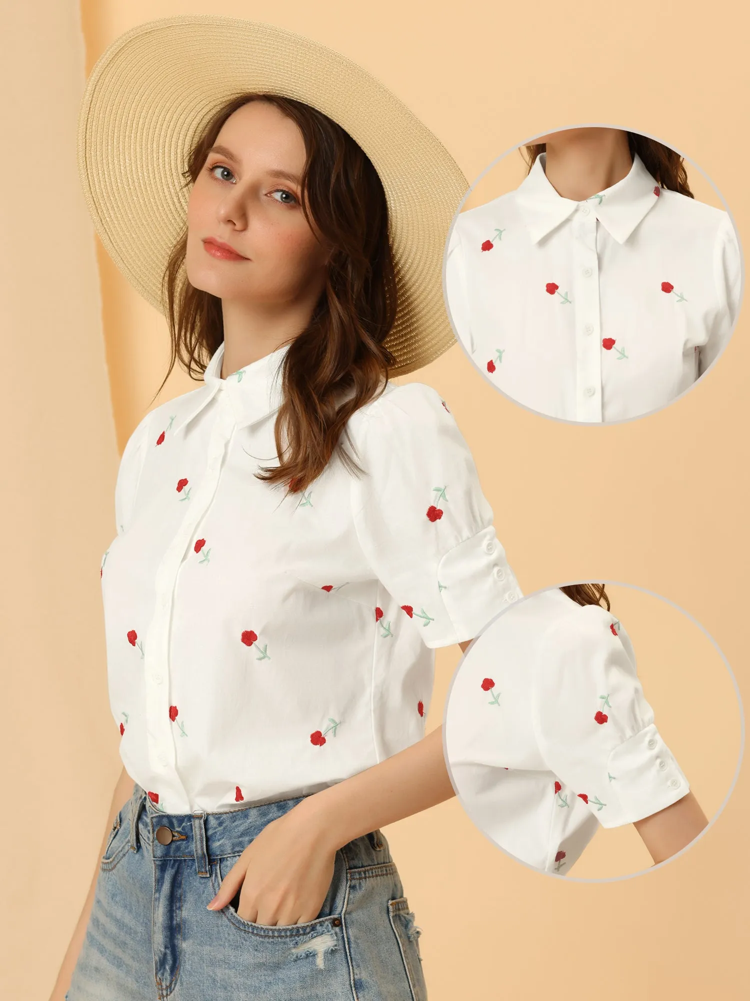 Short Sleeve Blouse Collared Embroidery Flower Button Up Shirt sold by Allegra K product image thumbnail 2