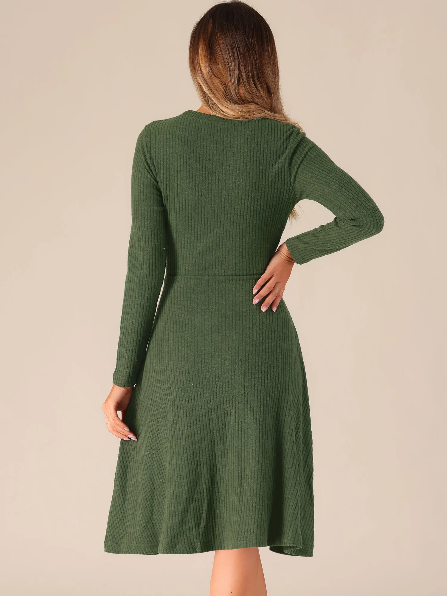 Ribbed Knit Crew Neck Long Sleeve Midi Sweater Dress sold by Allegra K product image thumbnail 3