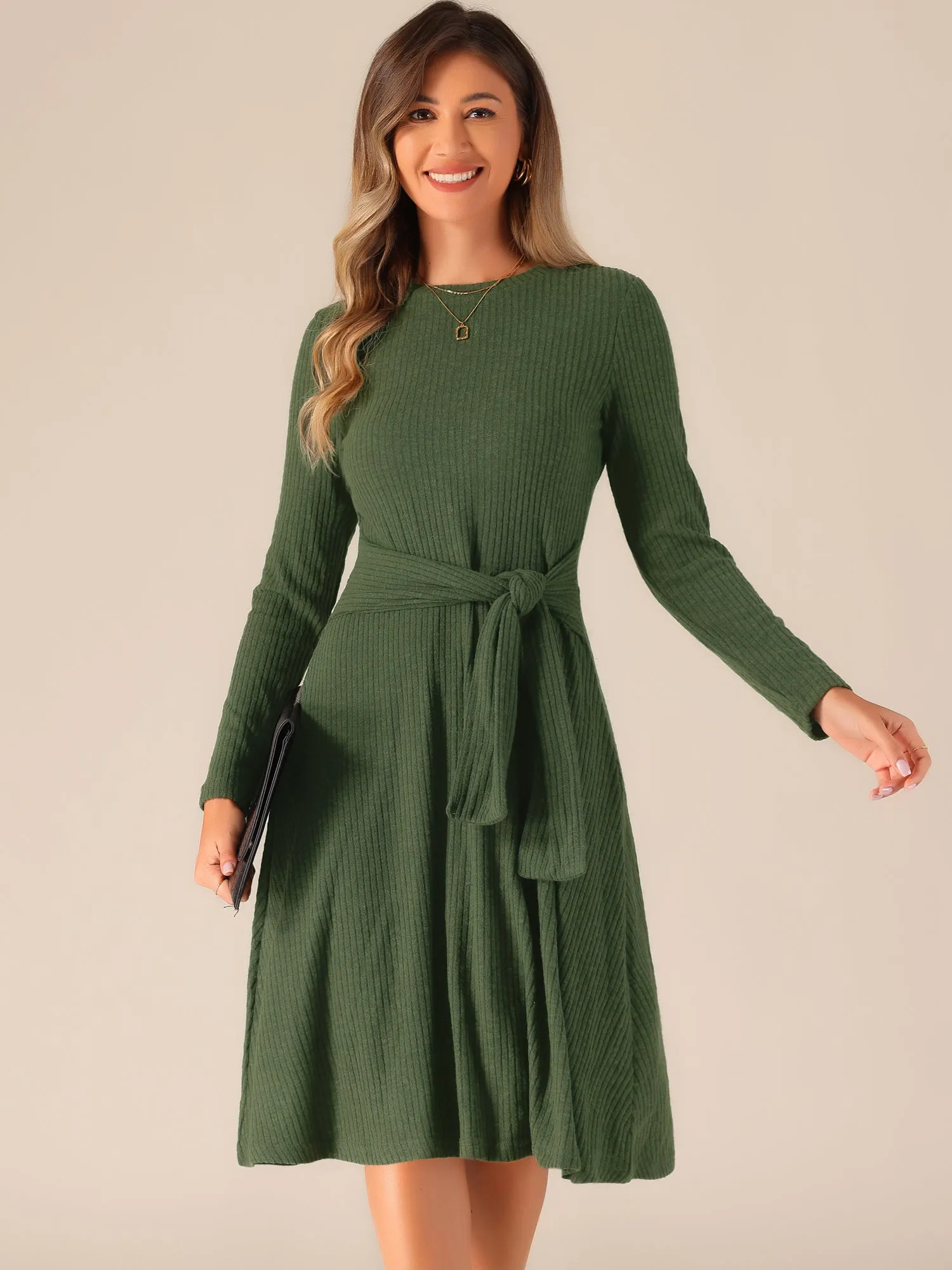 Ribbed Knit Crew Neck Long Sleeve Midi Sweater Dress sold by Allegra K product image thumbnail 2