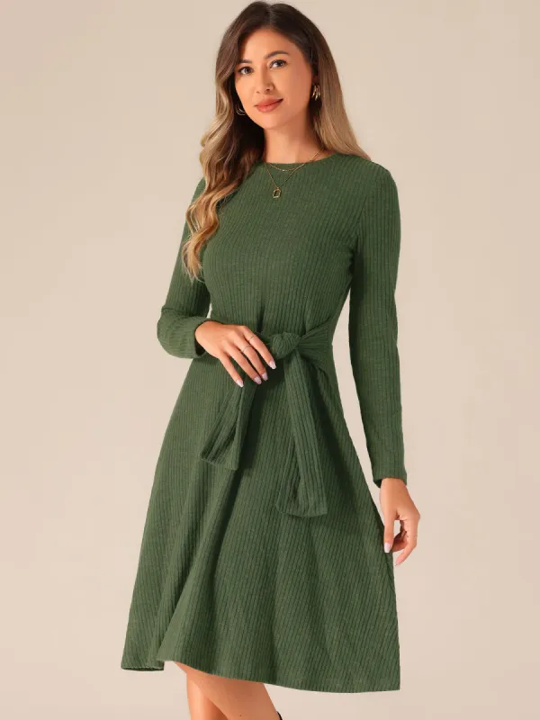 Ribbed Knit Crew Neck Long Sleeve Midi Sweater Dress sold by Allegra K