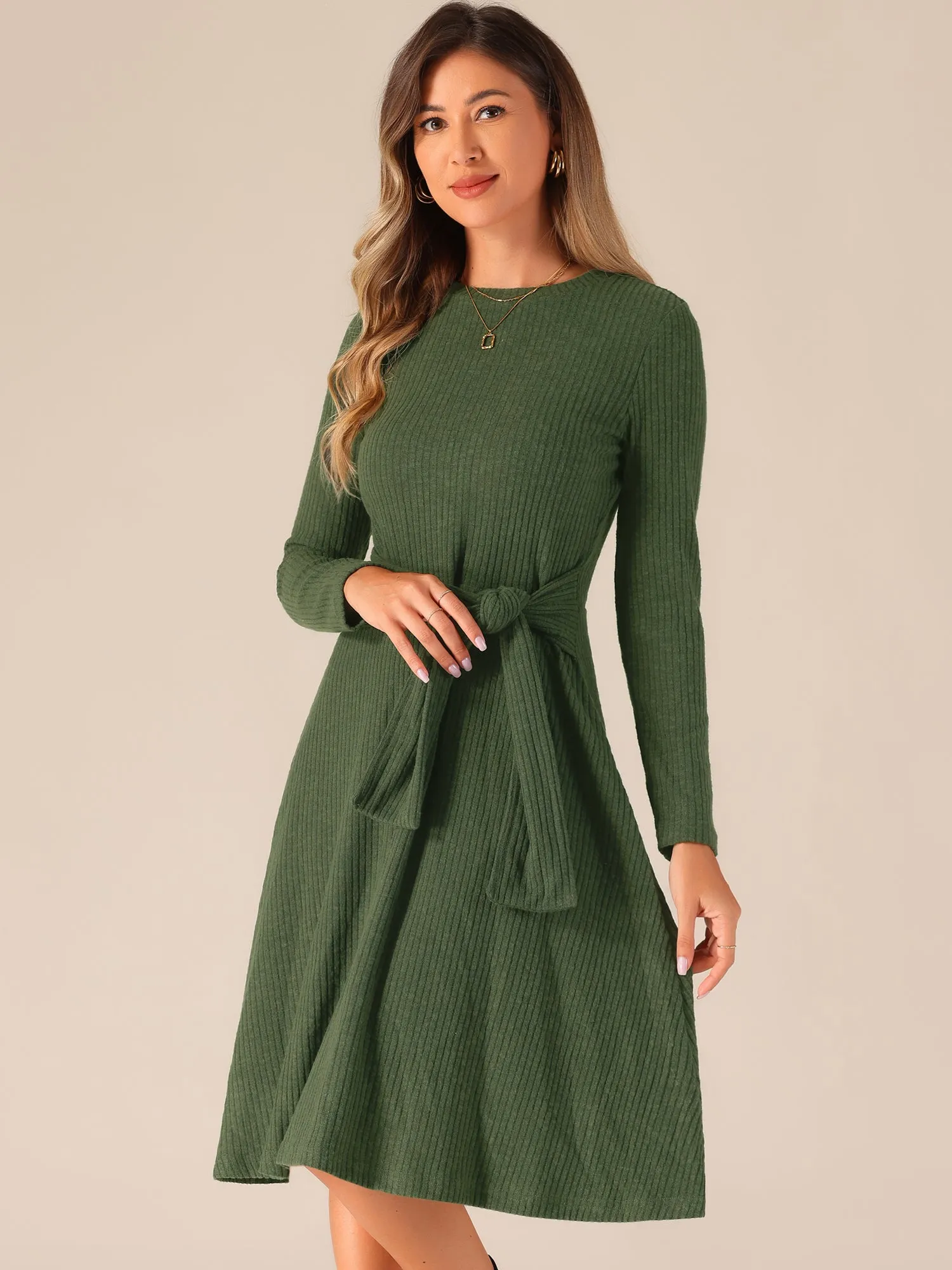 Ribbed Knit Crew Neck Long Sleeve Midi Sweater Dress sold by Allegra K