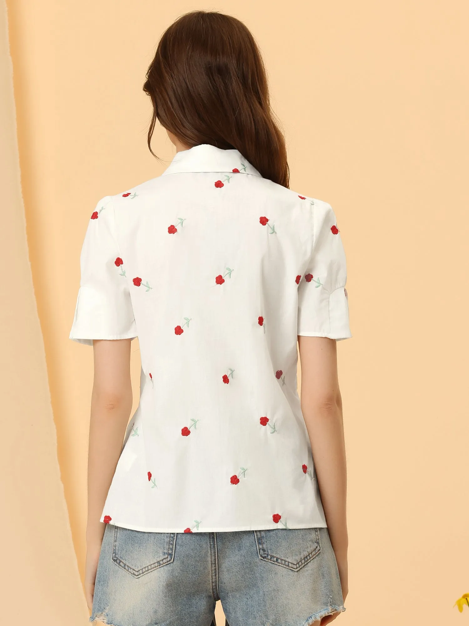 Short Sleeve Blouse Collared Embroidery Flower Button Up Shirt sold by Allegra K product image thumbnail 4