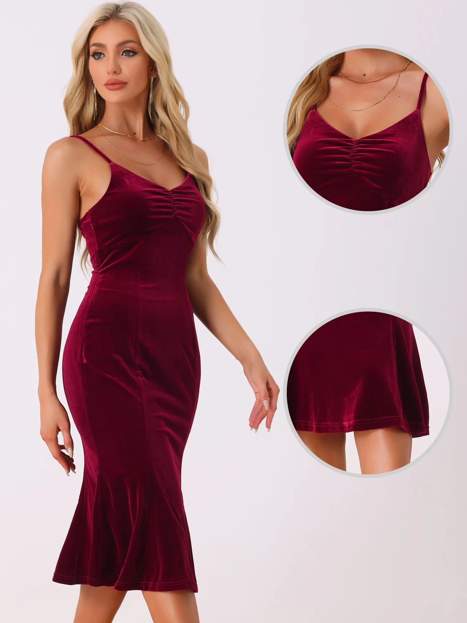 Spaghetti Straps V Neck Fishtail Cocktail Velvet Midi Dress sold by Allegra K product image thumbnail 2