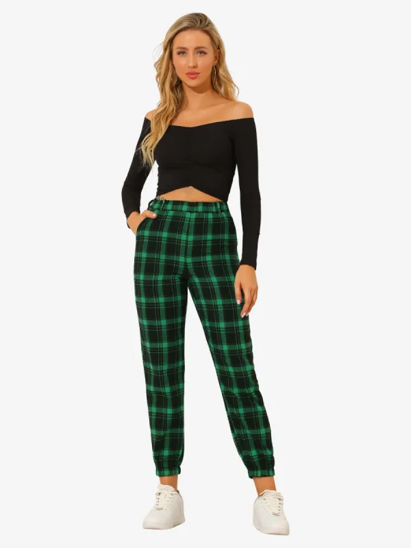 Plaid Sweatpants Tapered Tie High Waisted Tartan Pants with Pockets sold by Allegra K