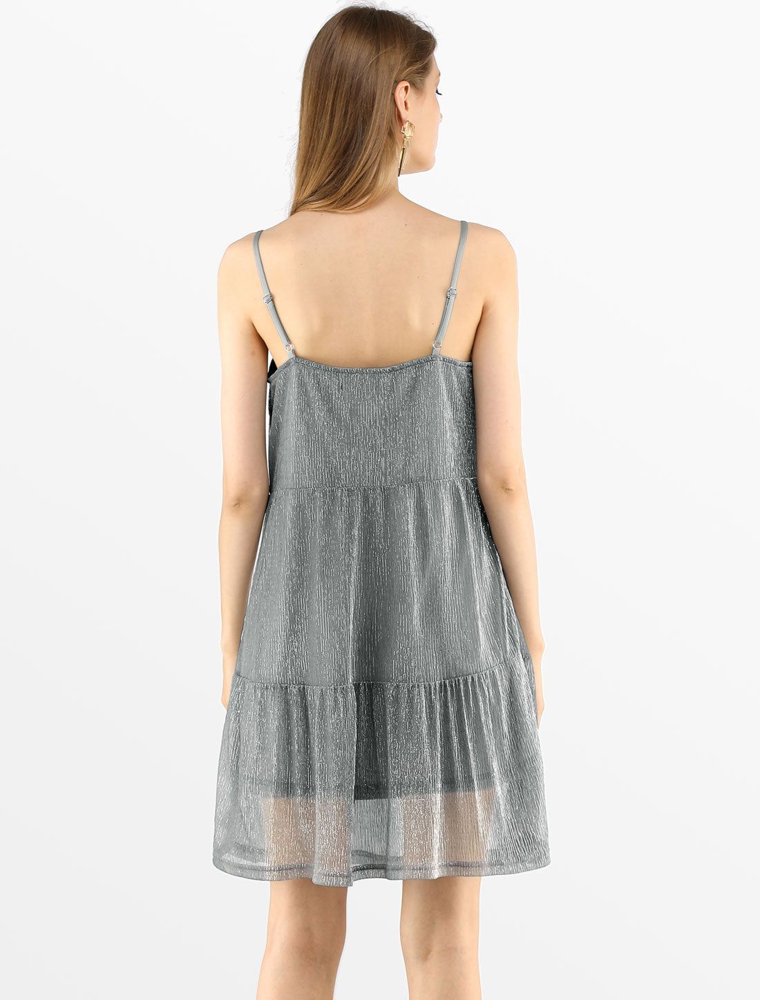 Spaghetti Straps Metallic Party Tiered Loose Short Cami Dresses sold by Allegra K product image thumbnail 5