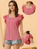 Summer Gingham Tops Square Neck Ruffle Cap Sleeve Blouse sold by Allegra K