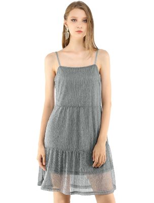 Spaghetti Straps Metallic Party Tiered Loose Short Cami Dresses made by Allegra K
