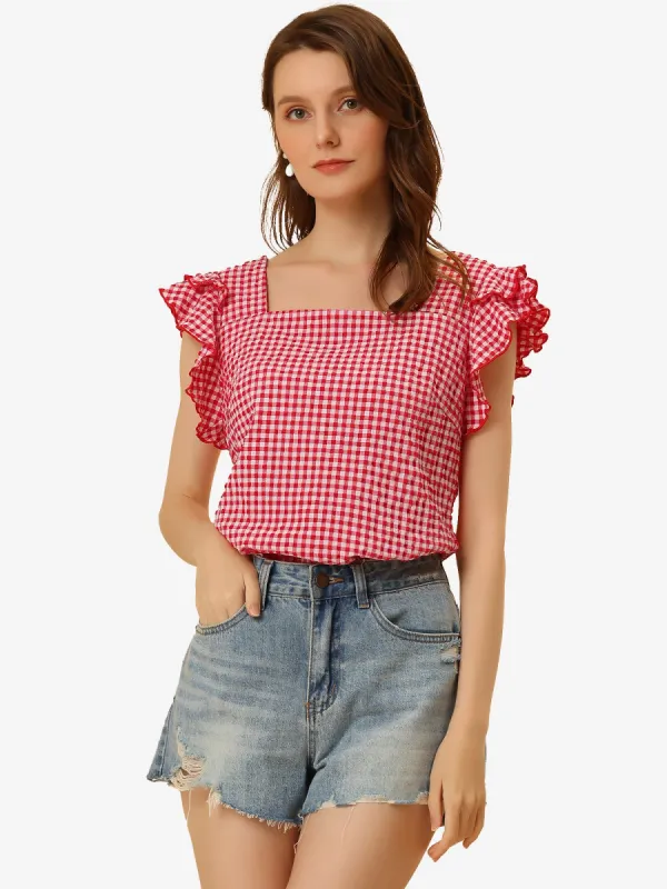 Summer Gingham Tops Square Neck Ruffle Cap Sleeve Blouse sold by Allegra K