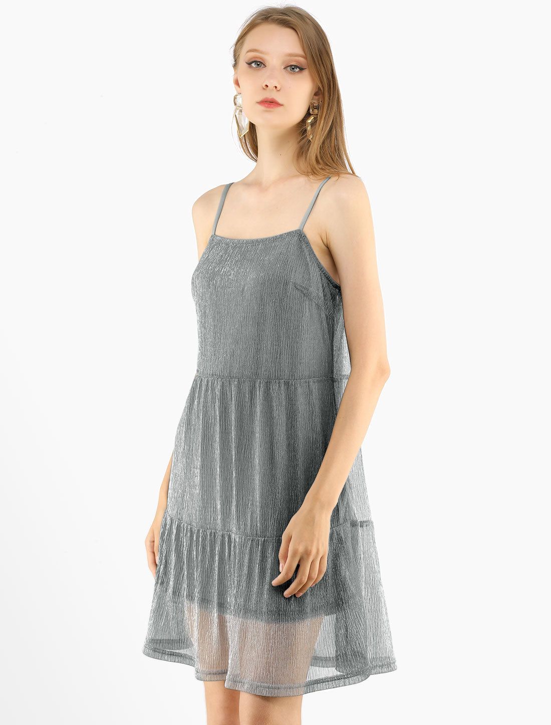 Spaghetti Straps Metallic Party Tiered Loose Short Cami Dresses sold by Allegra K product image thumbnail 2