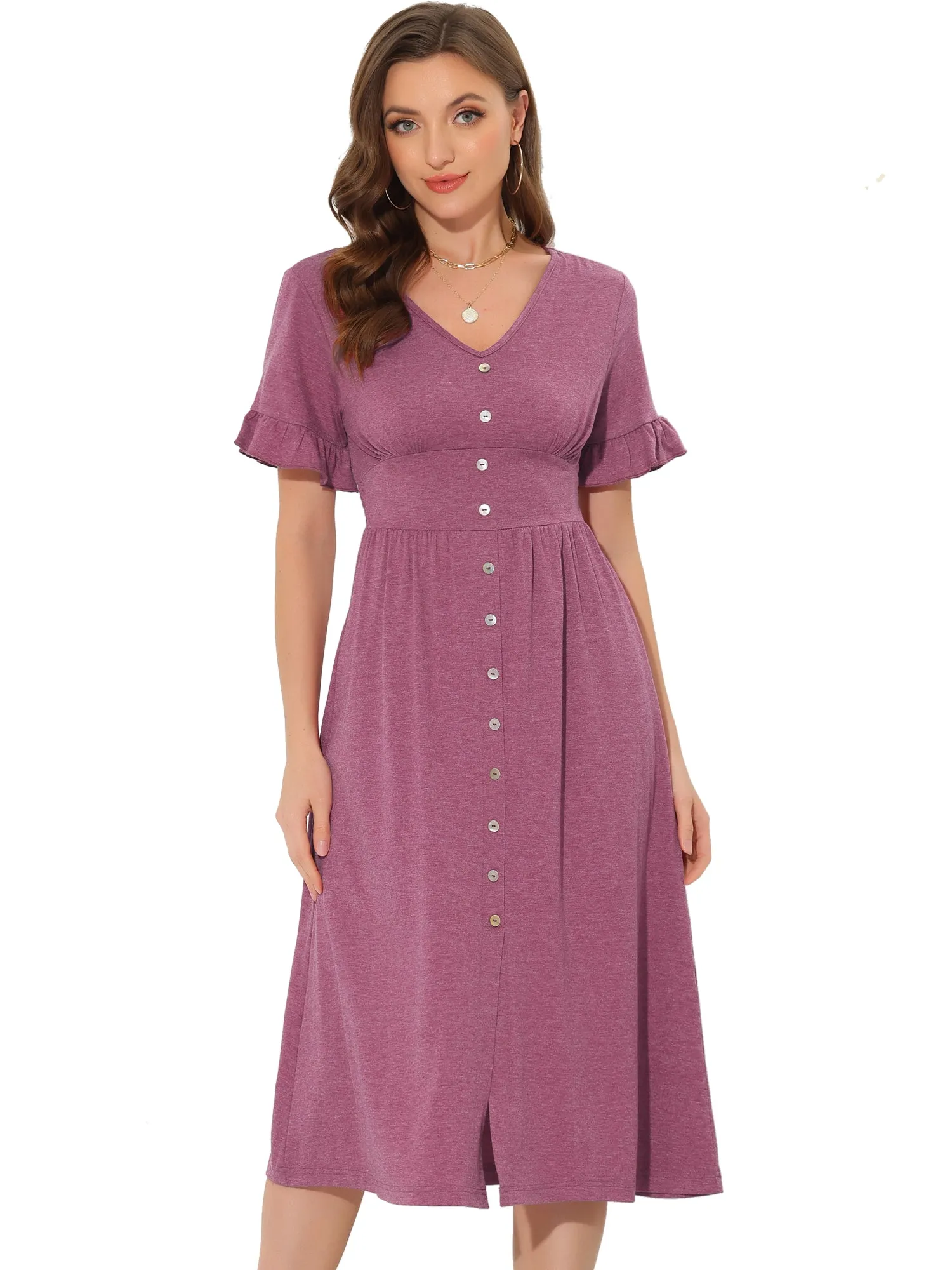 Casual Button Flutter Sleeve Smocked Midi Dresses sold by Allegra K product image thumbnail 5