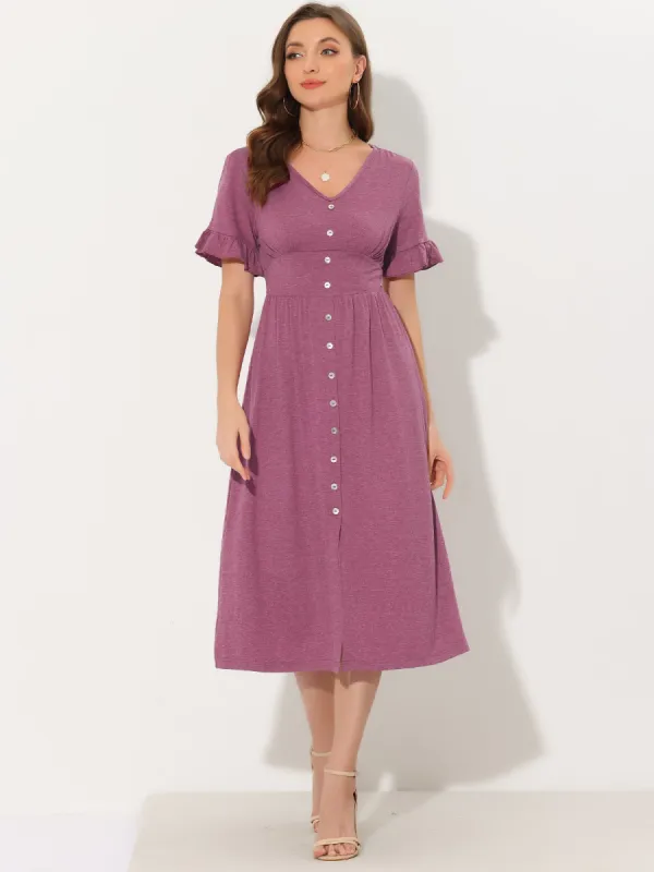 Casual Button Flutter Sleeve Smocked Midi Dresses sold by Allegra K