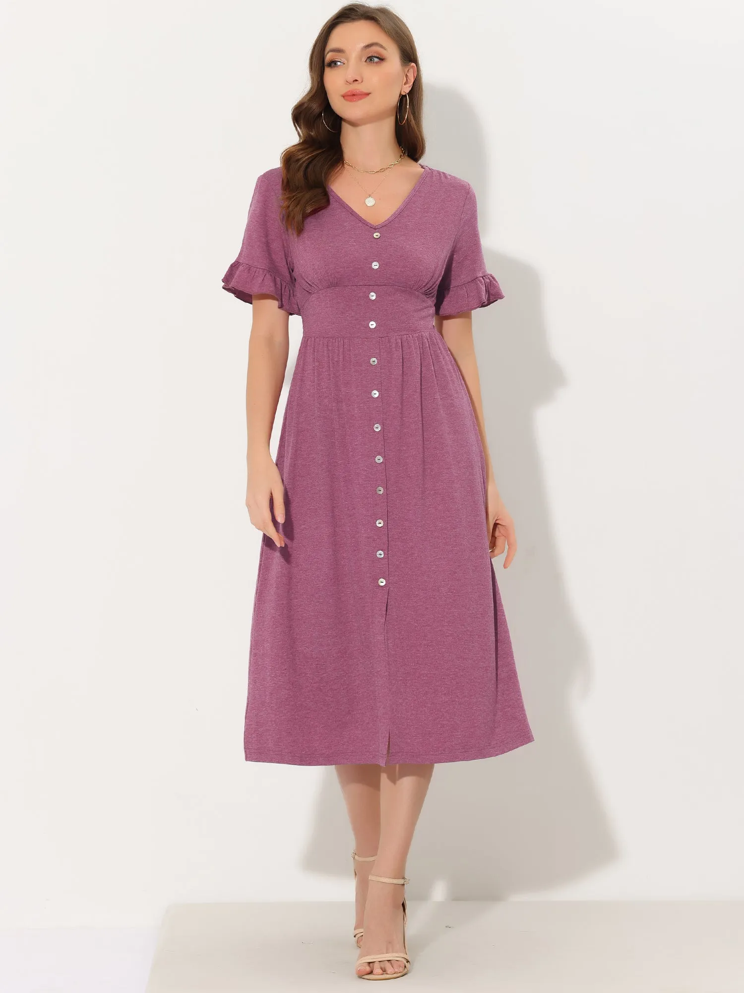 Casual Button Flutter Sleeve Smocked Midi Dresses sold by Allegra K