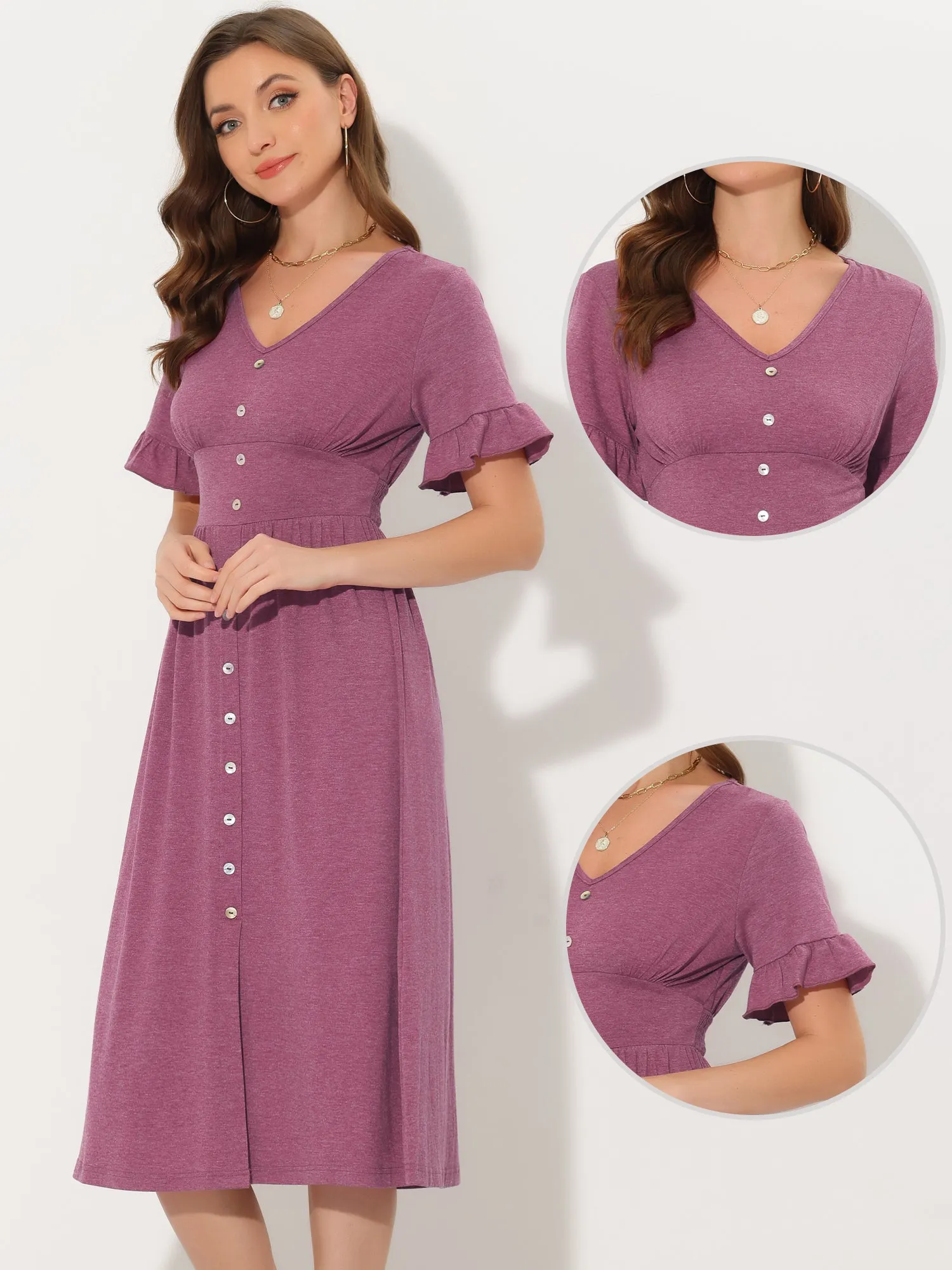 Casual Button Flutter Sleeve Smocked Midi Dresses sold by Allegra K product image thumbnail 2