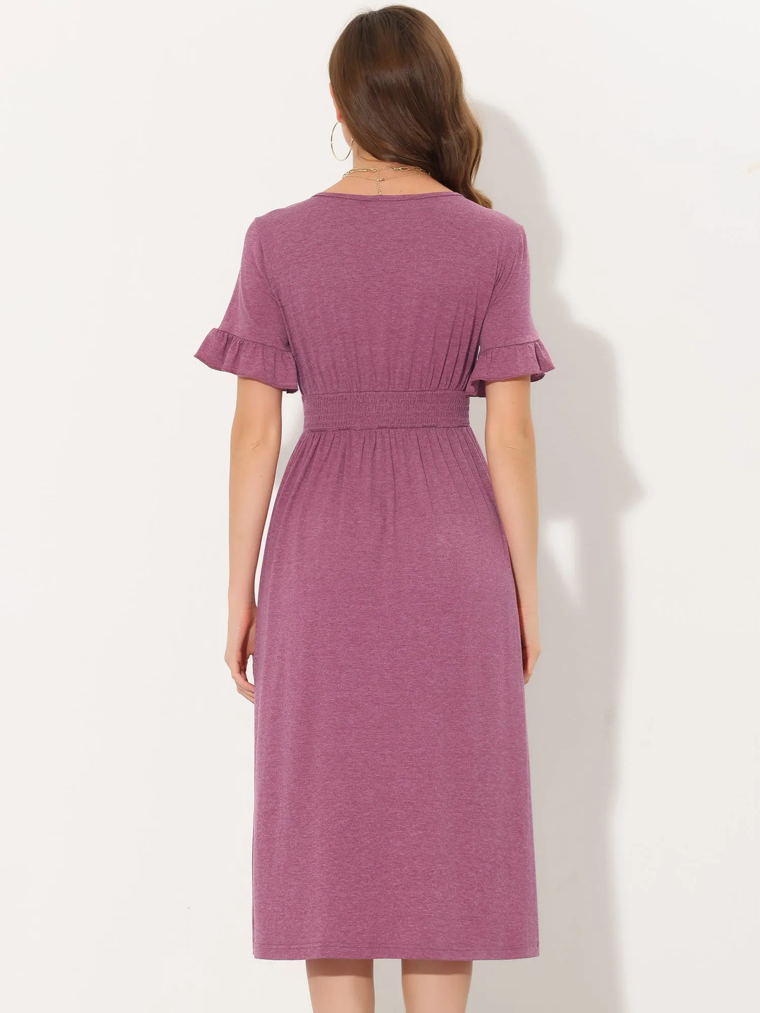 Casual Button Flutter Sleeve Smocked Midi Dresses sold by Allegra K product image thumbnail 3