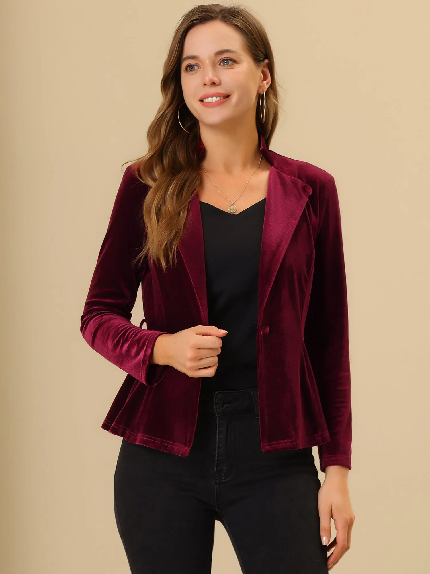 Work Office Velvet Belted Lapel Collar Blazer Jacket sold by Allegra K