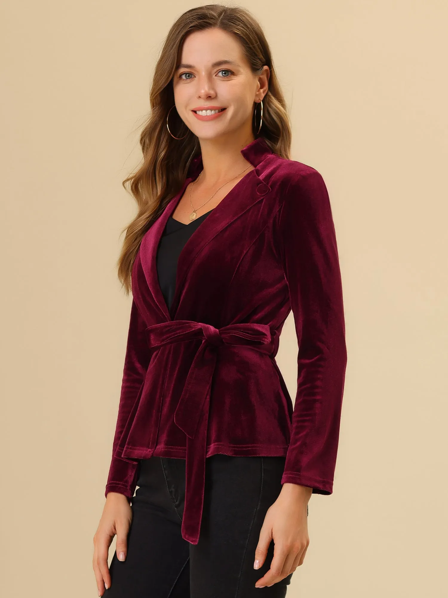 Work Office Velvet Belted Lapel Collar Blazer Jacket sold by Allegra K product image thumbnail 2