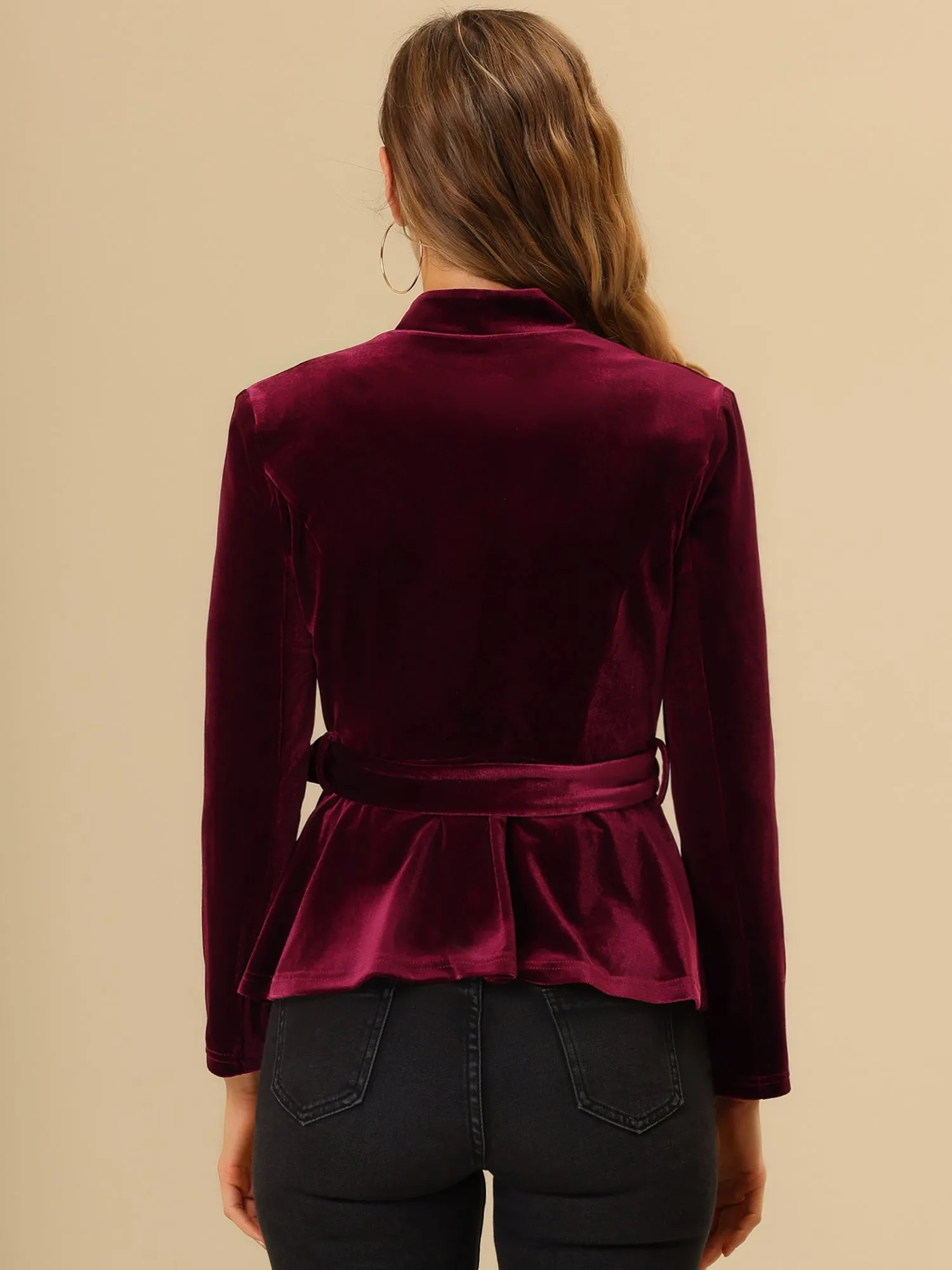 Work Office Velvet Belted Lapel Collar Blazer Jacket sold by Allegra K product image thumbnail 3
