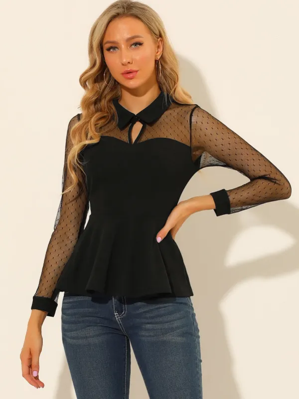 Mesh Sheer Long Sleeve Blouse Turn Down Collar Keyhole Peplum Top sold by Allegra K