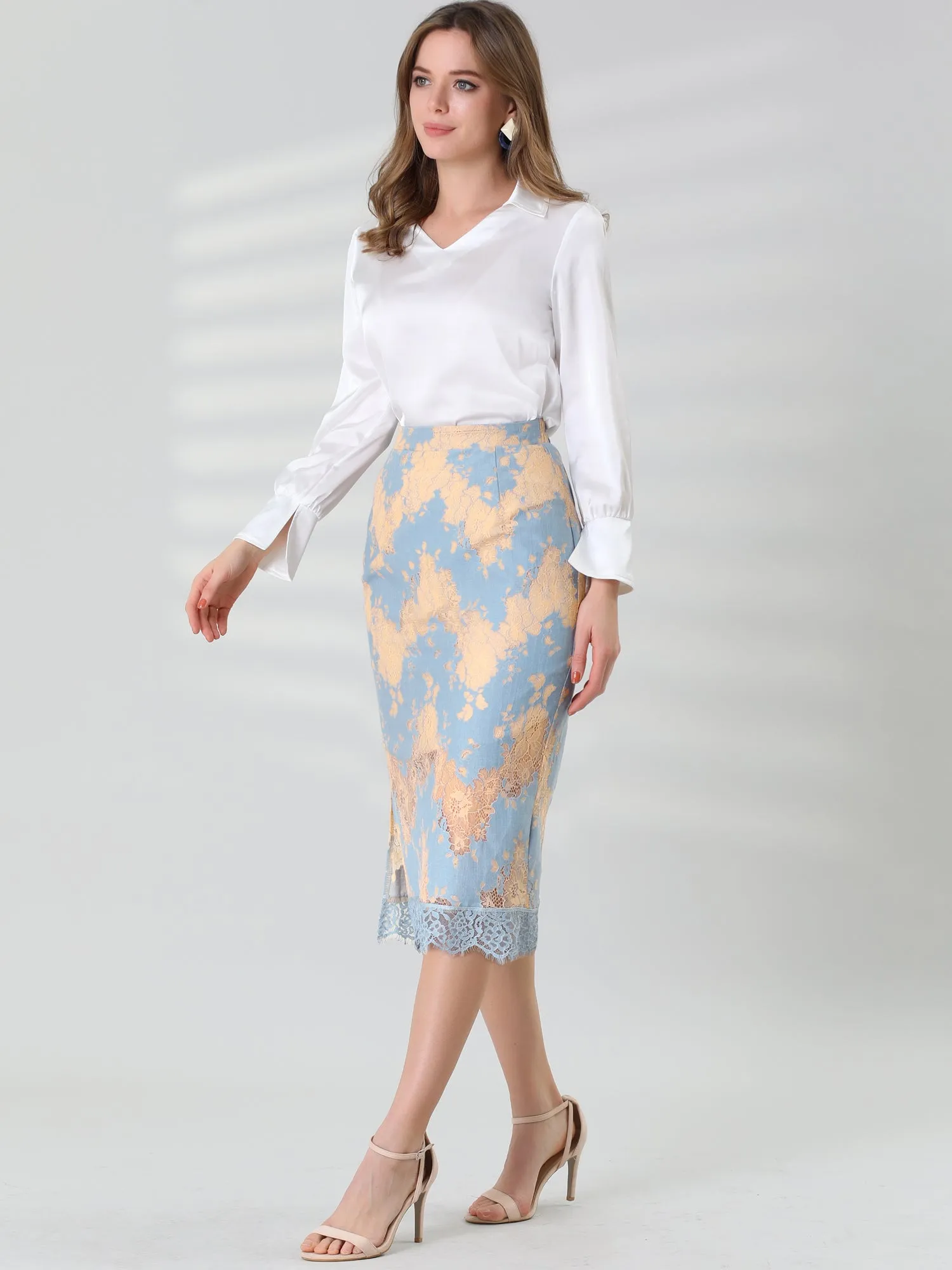 Contrast Color Eyelashes Hem Split Pencil Lace Midi Skirt sold by Allegra K product image thumbnail 2