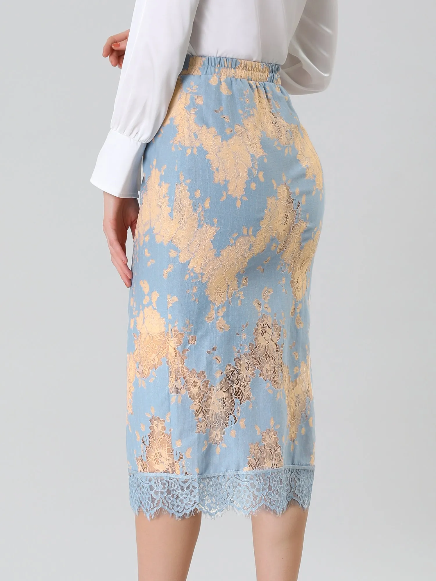 Contrast Color Eyelashes Hem Split Pencil Lace Midi Skirt sold by Allegra K product image thumbnail 4