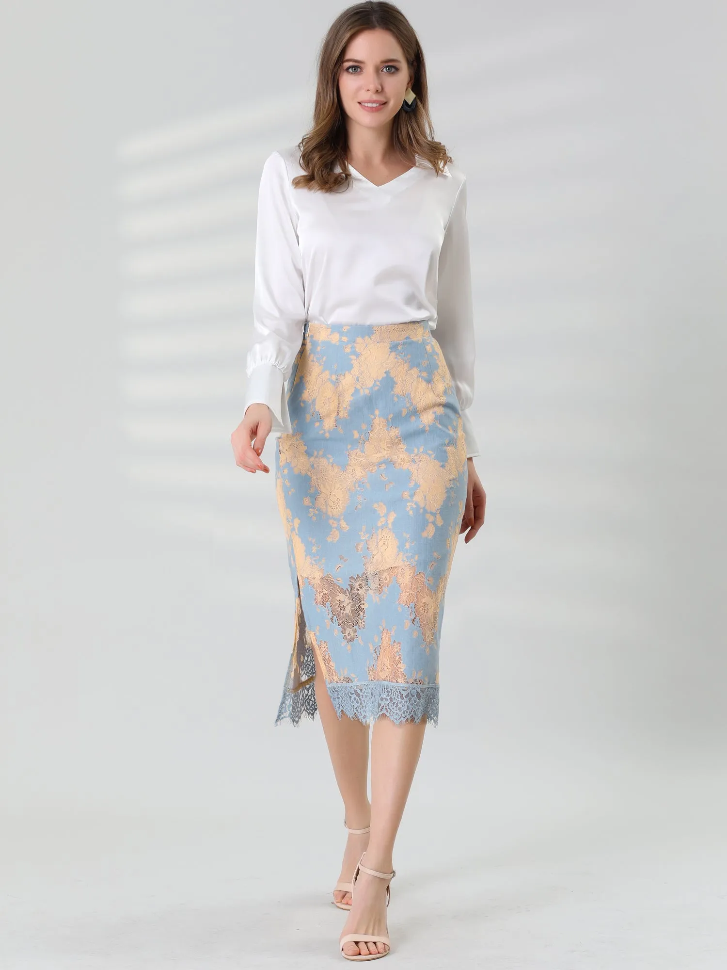 Contrast Color Eyelashes Hem Split Pencil Lace Midi Skirt sold by Allegra K