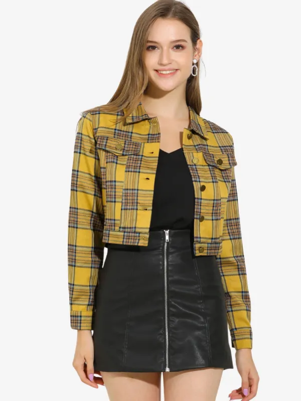 Plaid Cropped Long Sleeve Lapel Button Down Moto Jacket sold by Allegra K