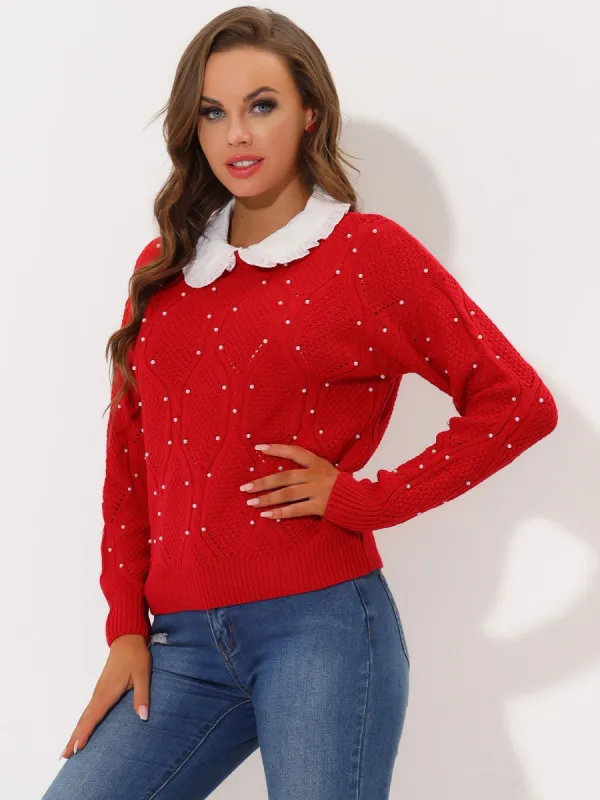 Winter Crew Neck Long Sleeve Cable Knit Pearls Pullover Sweater sold by Allegra K