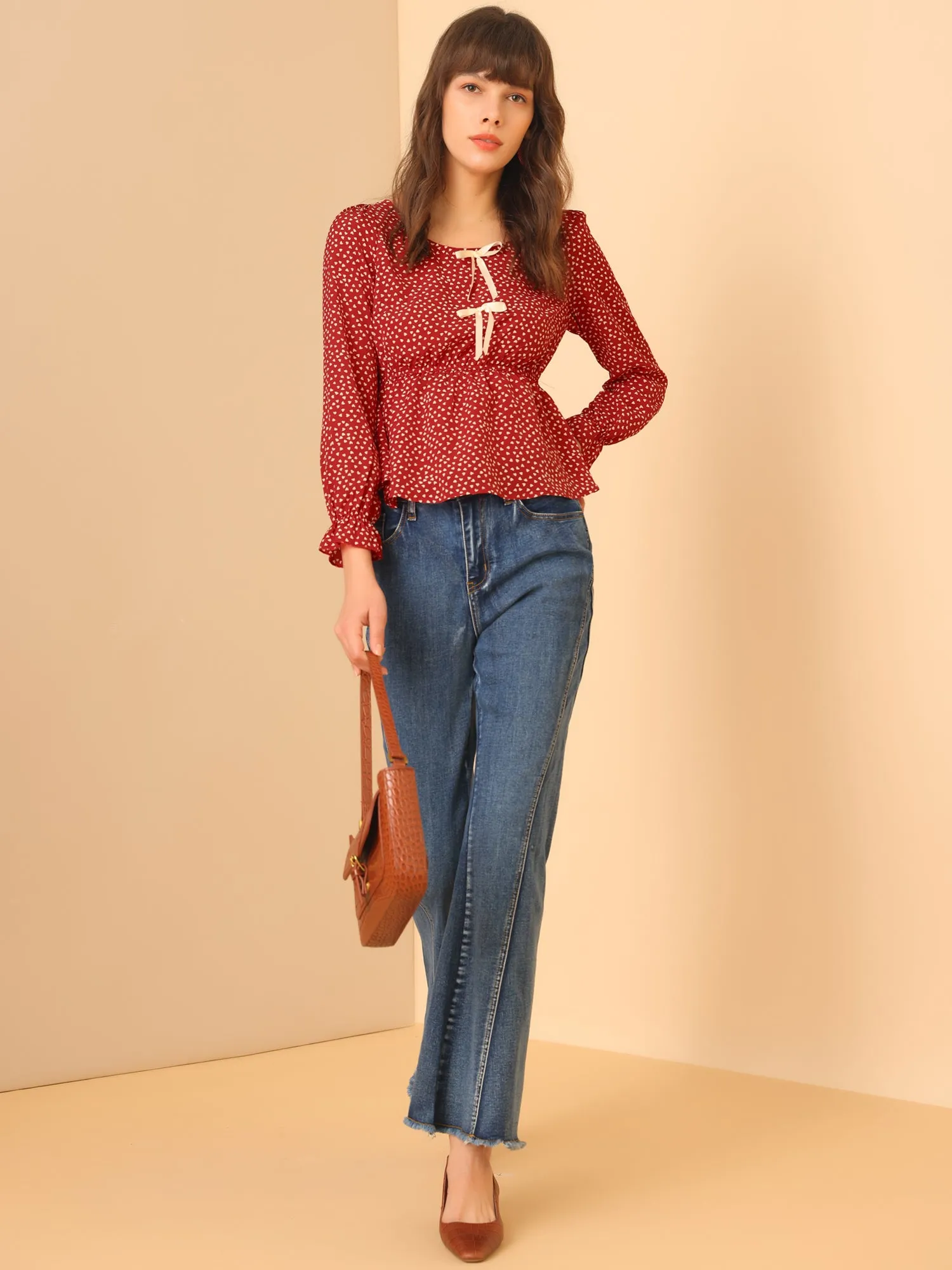 Heart Print Blouse Bow Tie Decor Puff Sleeve Ruffle Hem Peplum Tops sold by Allegra K product image thumbnail 2