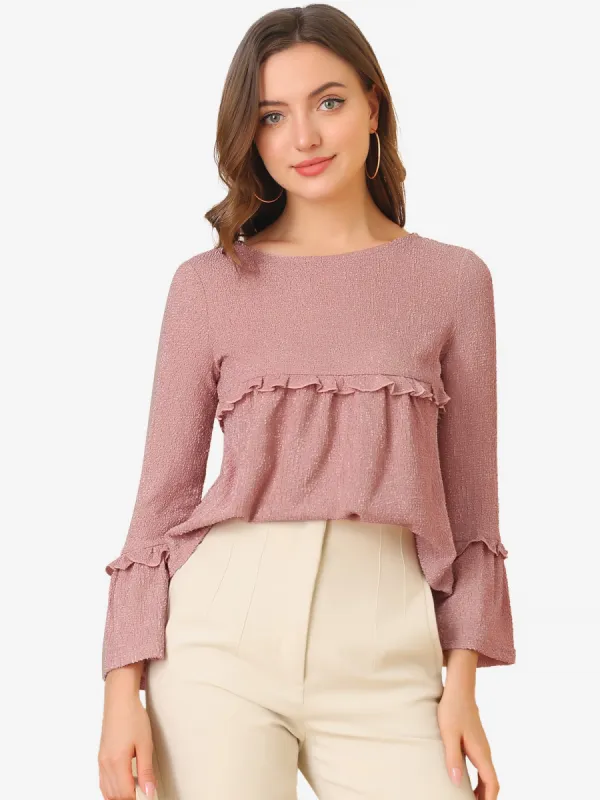 Textured Blouse Flare Sleeve Casual Loose Fit Ruffle Hem Peplum Top sold by Allegra K