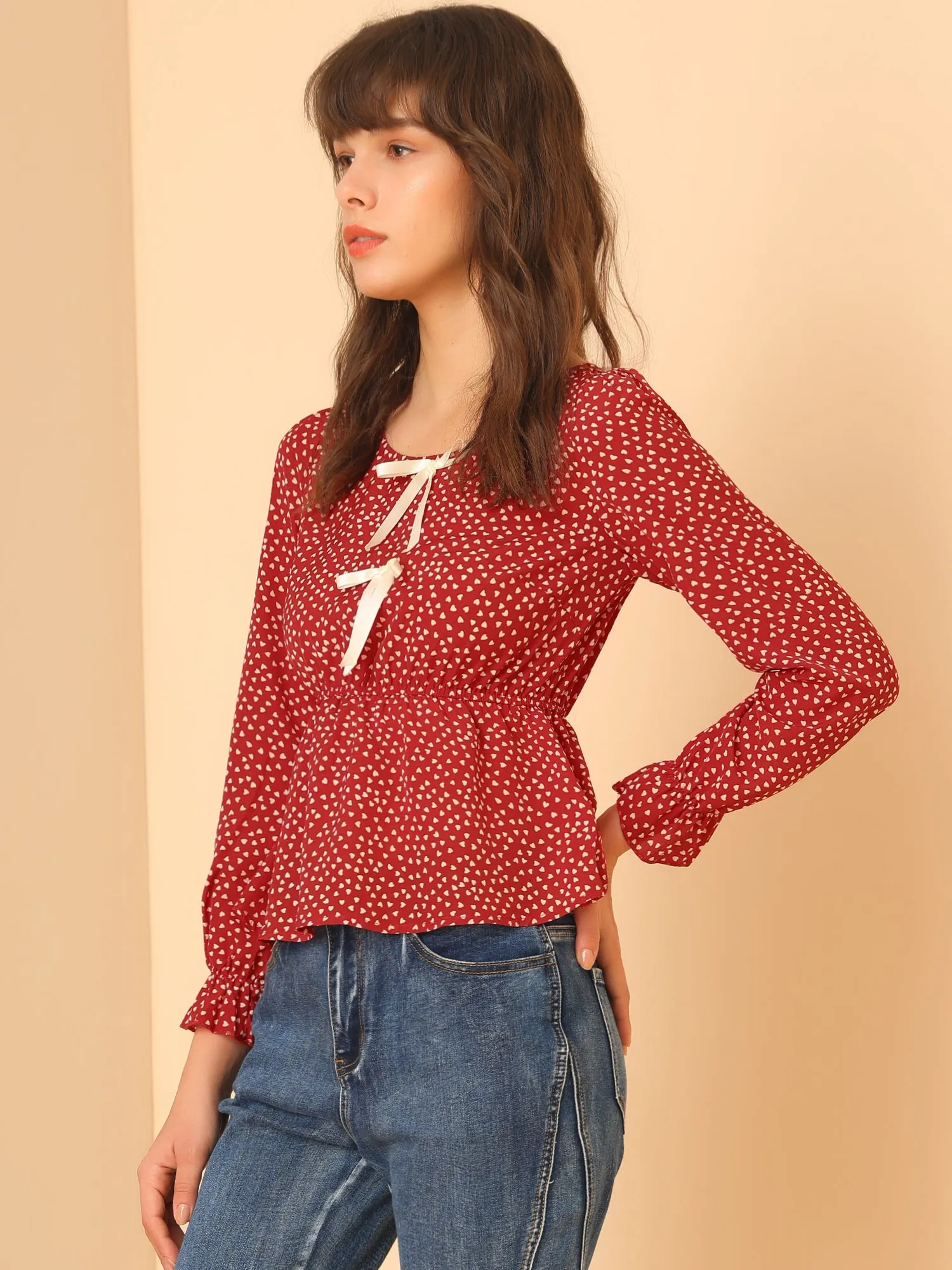 Heart Print Blouse Bow Tie Decor Puff Sleeve Ruffle Hem Peplum Tops sold by Allegra K product image thumbnail 4