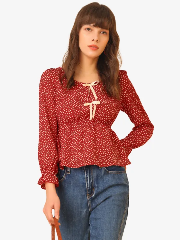 Heart Print Blouse Bow Tie Decor Puff Sleeve Ruffle Hem Peplum Tops sold by Allegra K