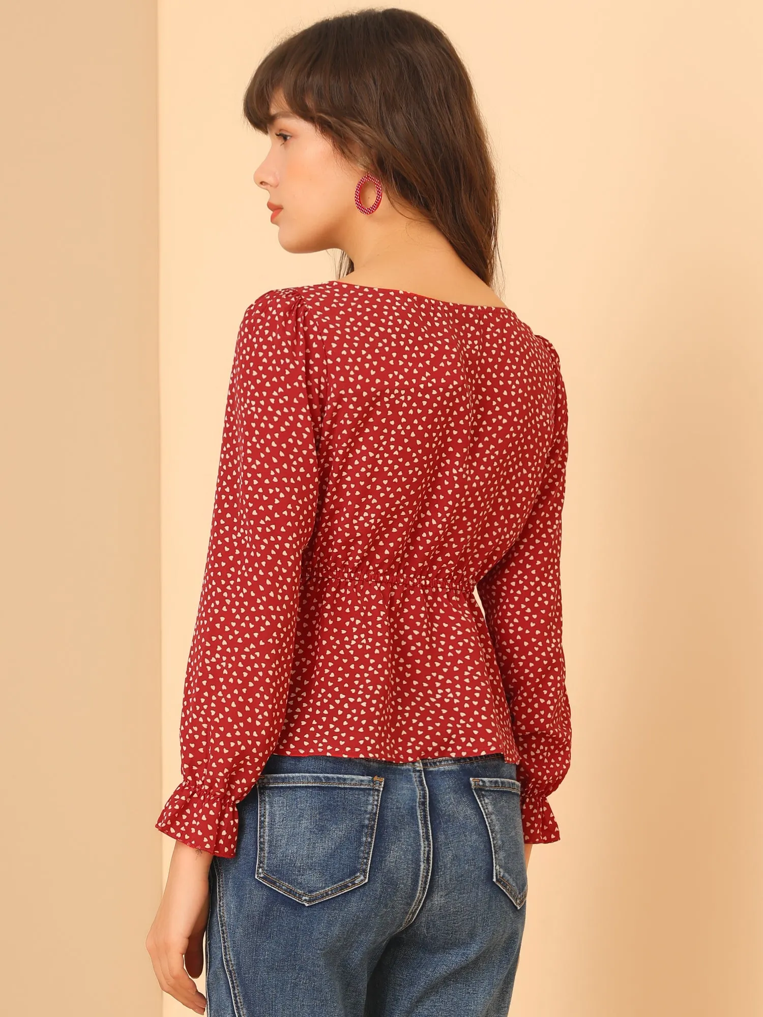 Heart Print Blouse Bow Tie Decor Puff Sleeve Ruffle Hem Peplum Tops sold by Allegra K product image thumbnail 5