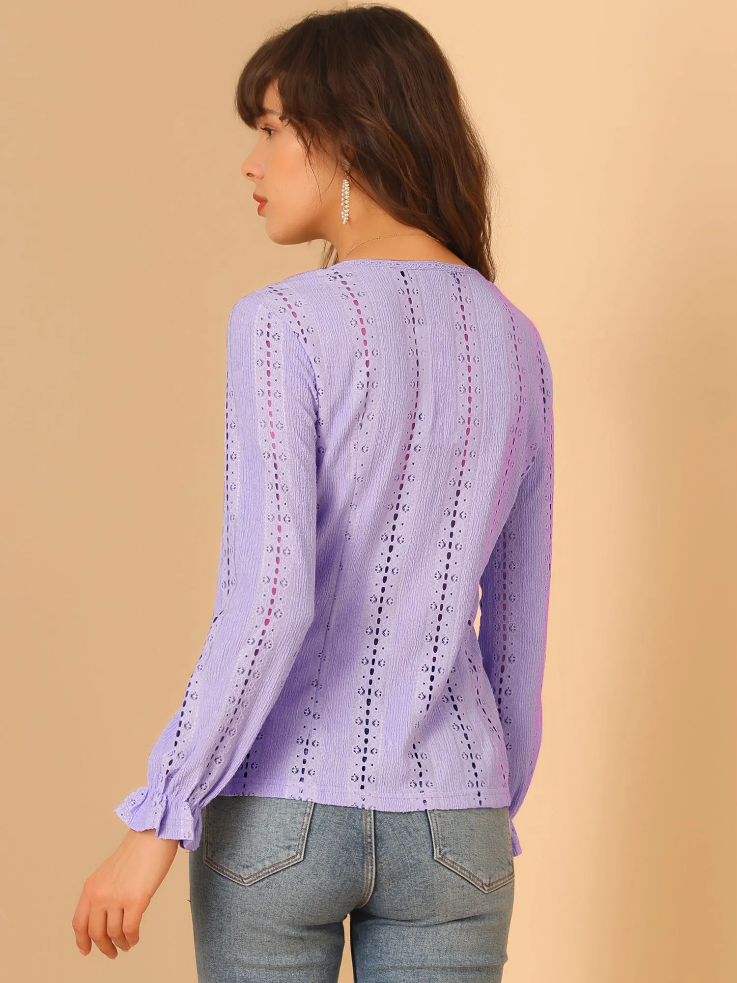 Lace V Neck Ruffle Long Sleeve Hollow Out Knit Blouse Top sold by Allegra K product image thumbnail 5