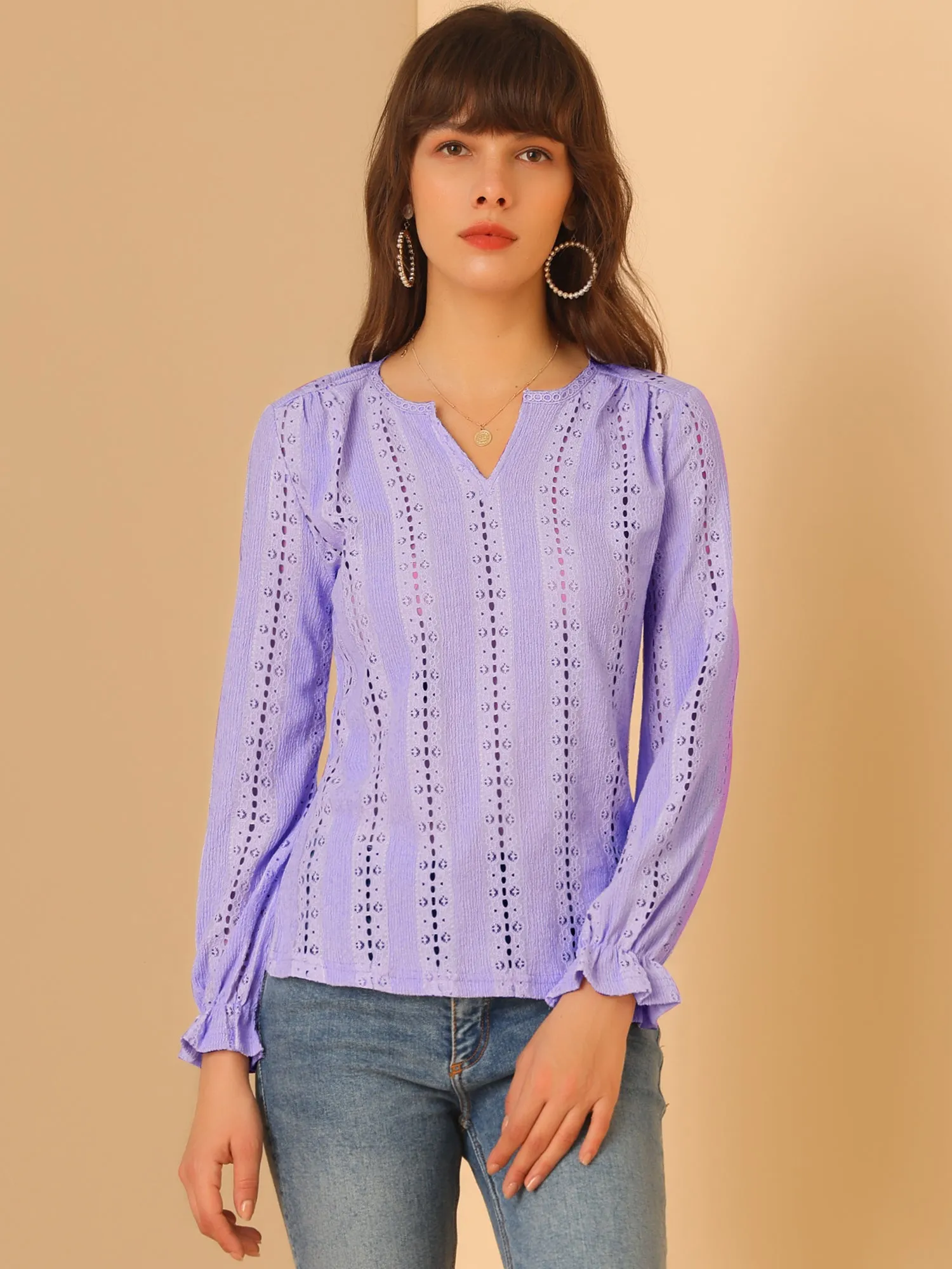 Lace V Neck Ruffle Long Sleeve Hollow Out Knit Blouse Top sold by Allegra K product image thumbnail 4