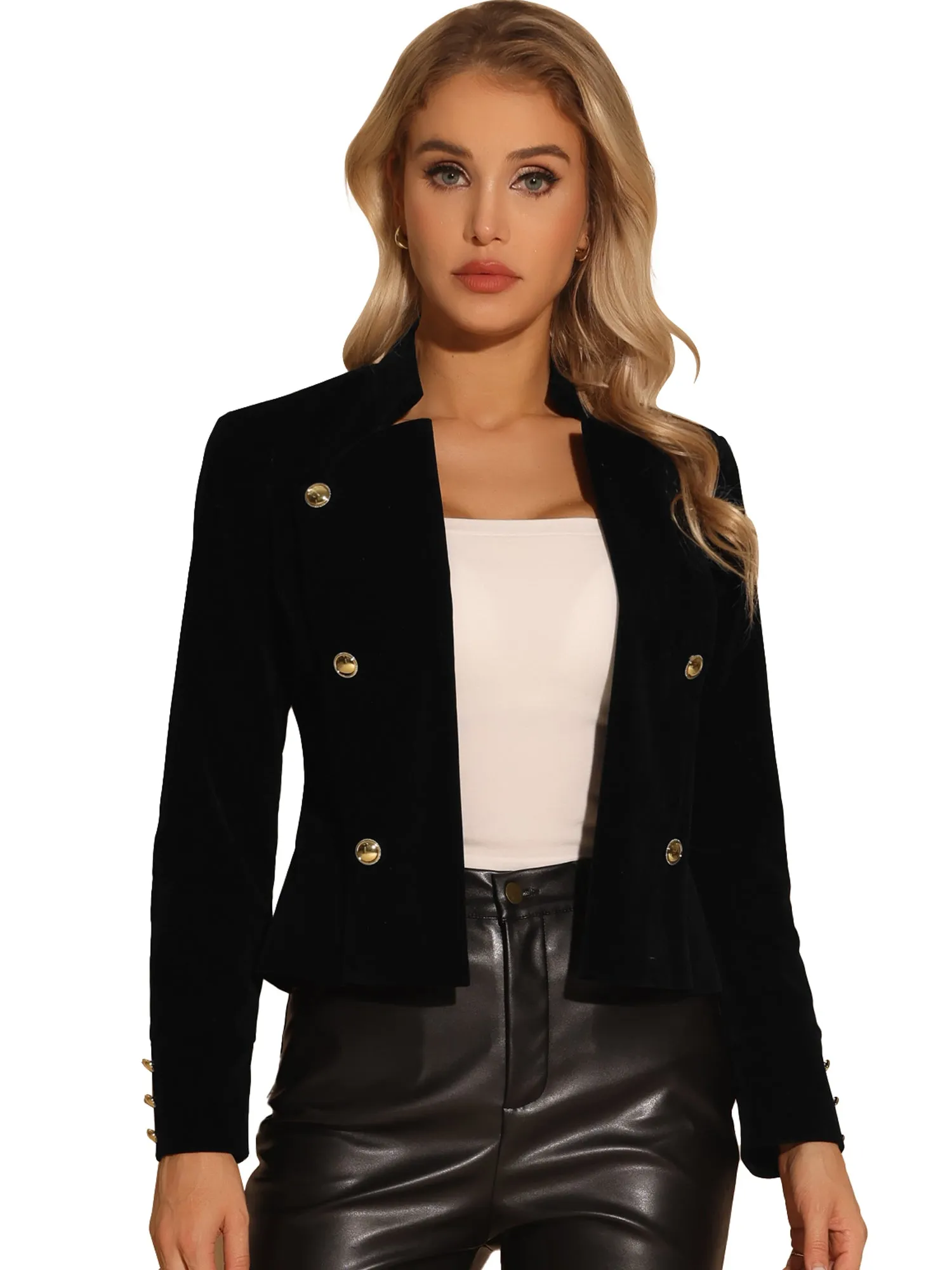 Velvet Vintage Stand Collar Open Front Button Decor Jacket sold by Allegra K product image thumbnail 4