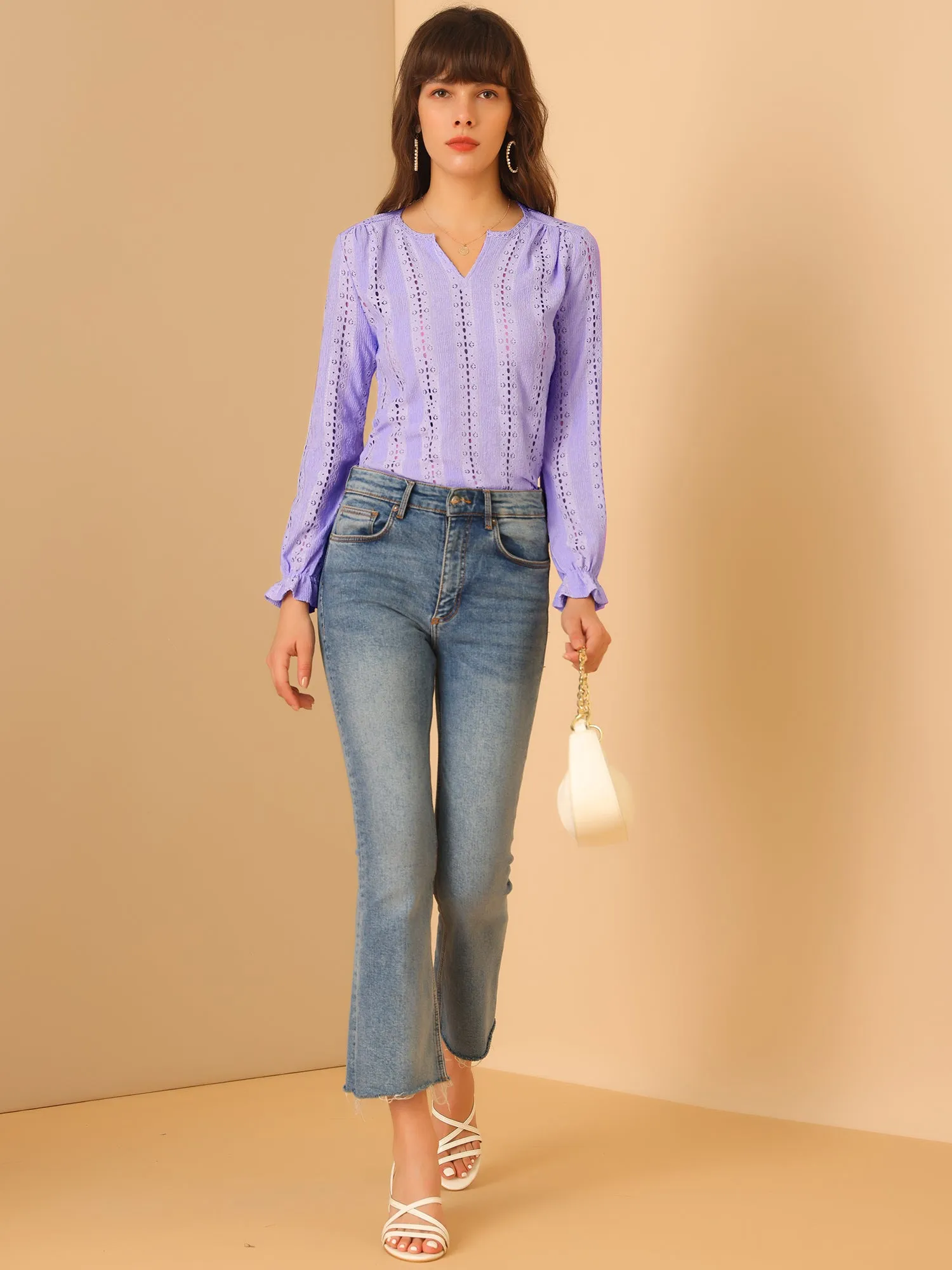 Lace V Neck Ruffle Long Sleeve Hollow Out Knit Blouse Top sold by Allegra K product image thumbnail 3