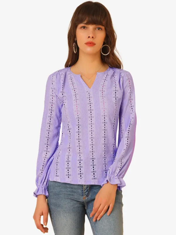 Lace V Neck Ruffle Long Sleeve Hollow Out Knit Blouse Top sold by Allegra K