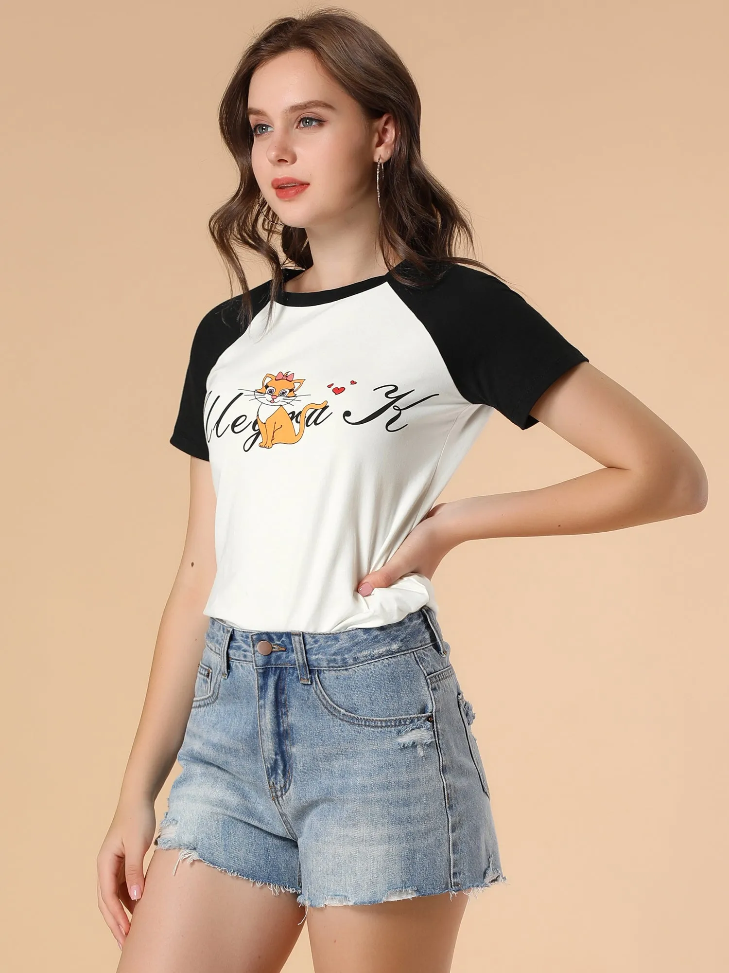 Cotton Contrast Color Raglan Sleeve Cat Graphic T-shirt Tee sold by Allegra K product image thumbnail 2