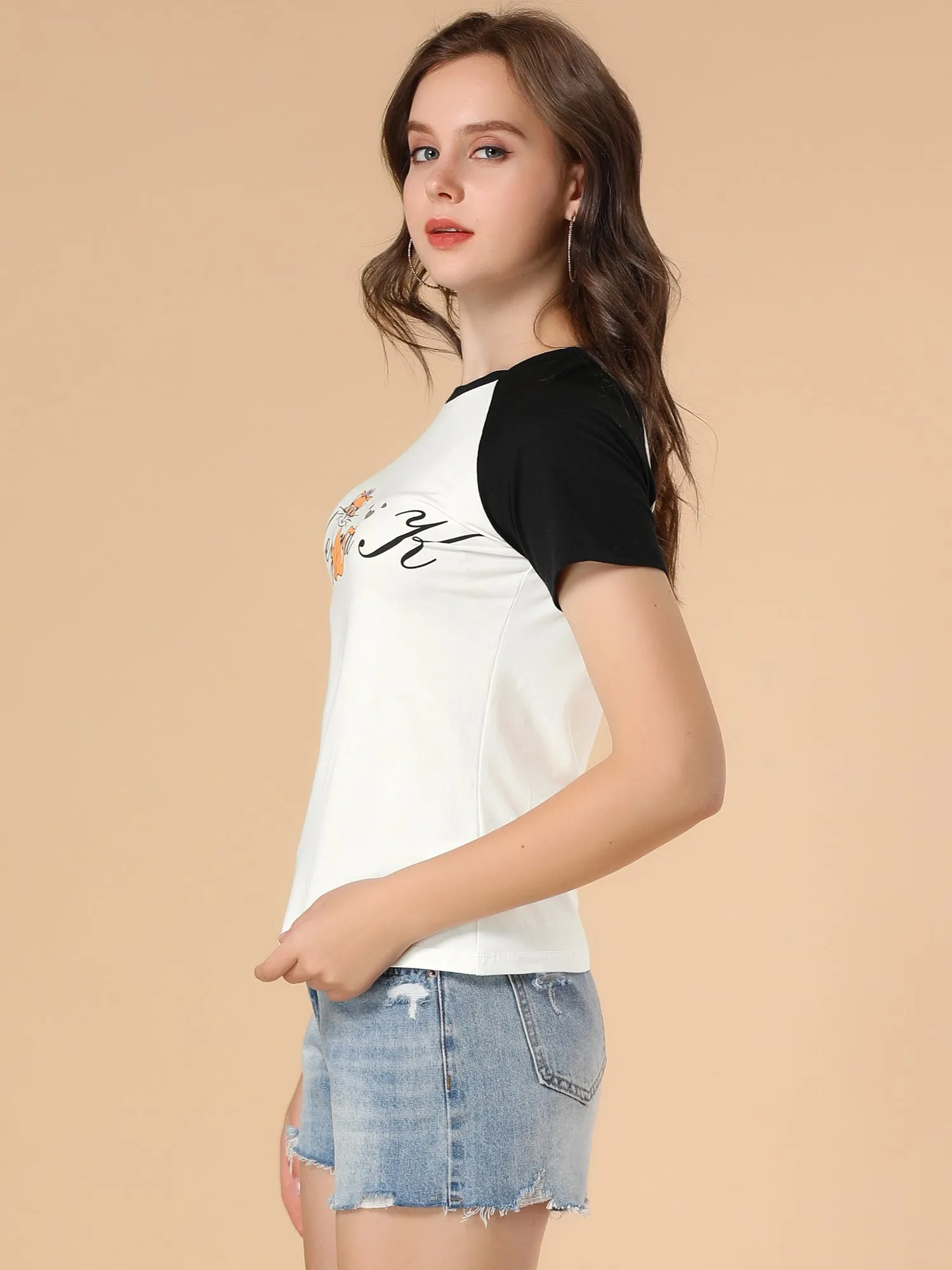 Cotton Contrast Color Raglan Sleeve Cat Graphic T-shirt Tee sold by Allegra K product image thumbnail 3