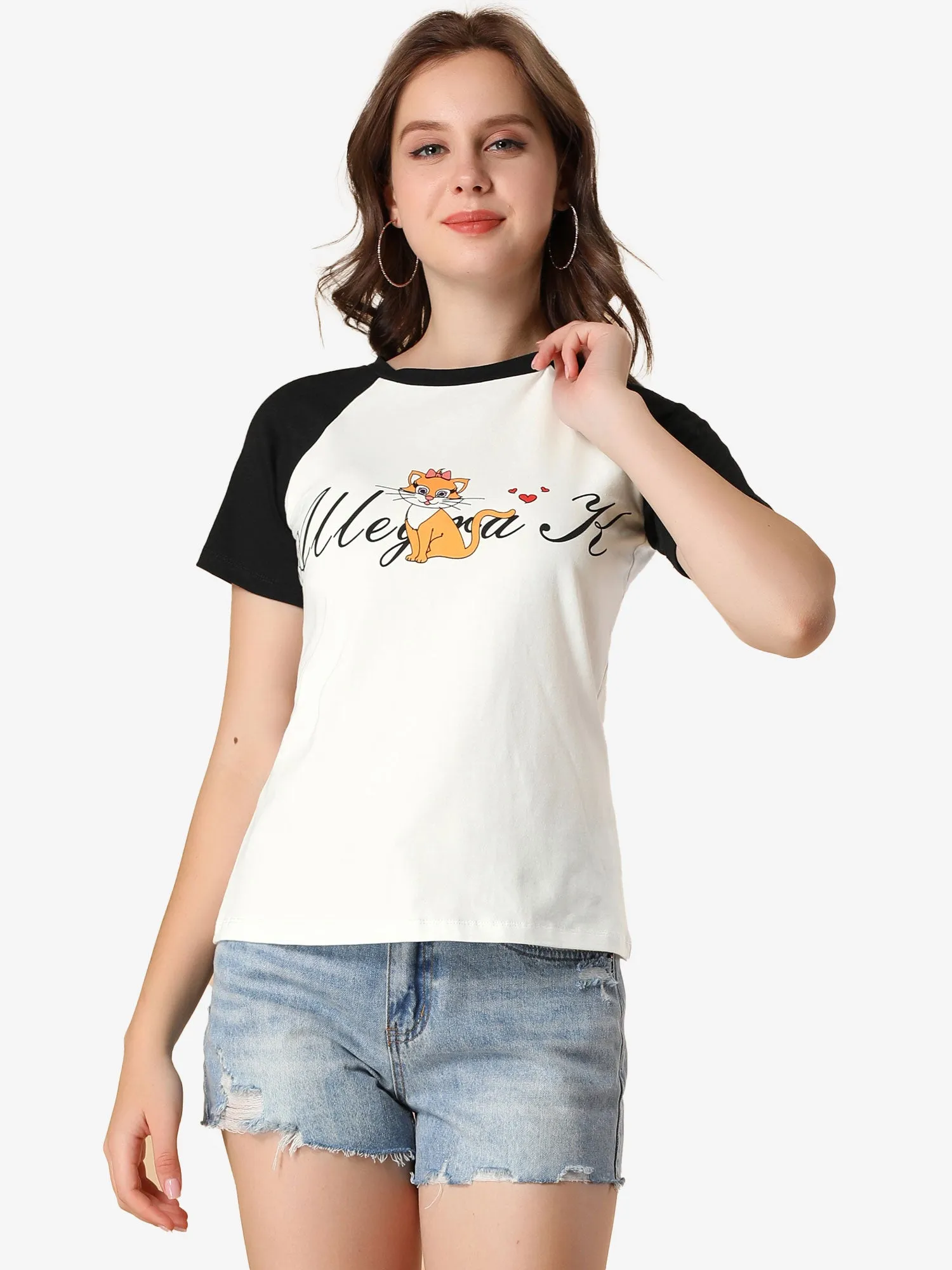 Cotton Contrast Color Raglan Sleeve Cat Graphic T-shirt Tee sold by Allegra K