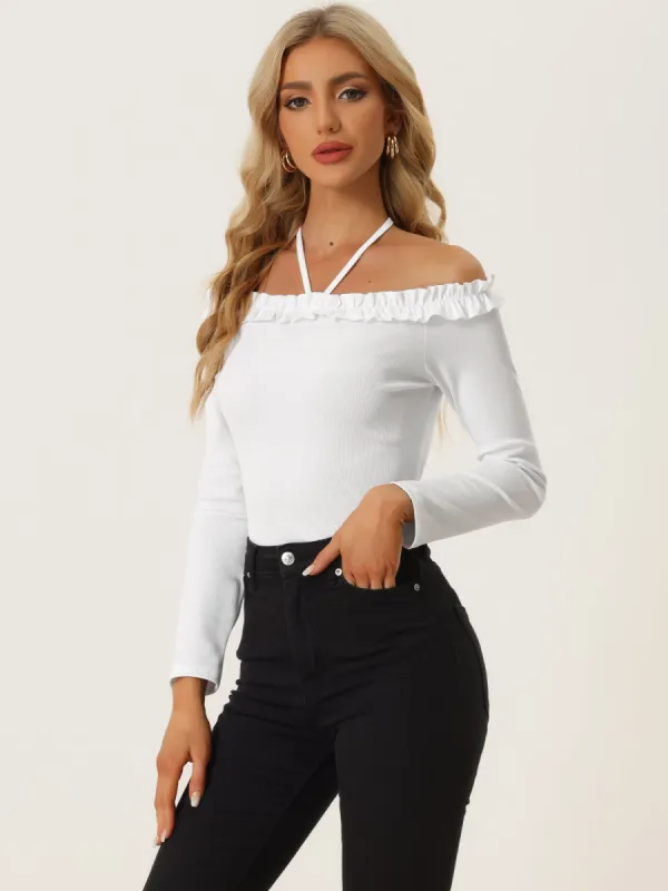 Tie Halter Off Shoulder Ruffle Lettuce Trim Long Sleeve Blouse sold by Allegra K