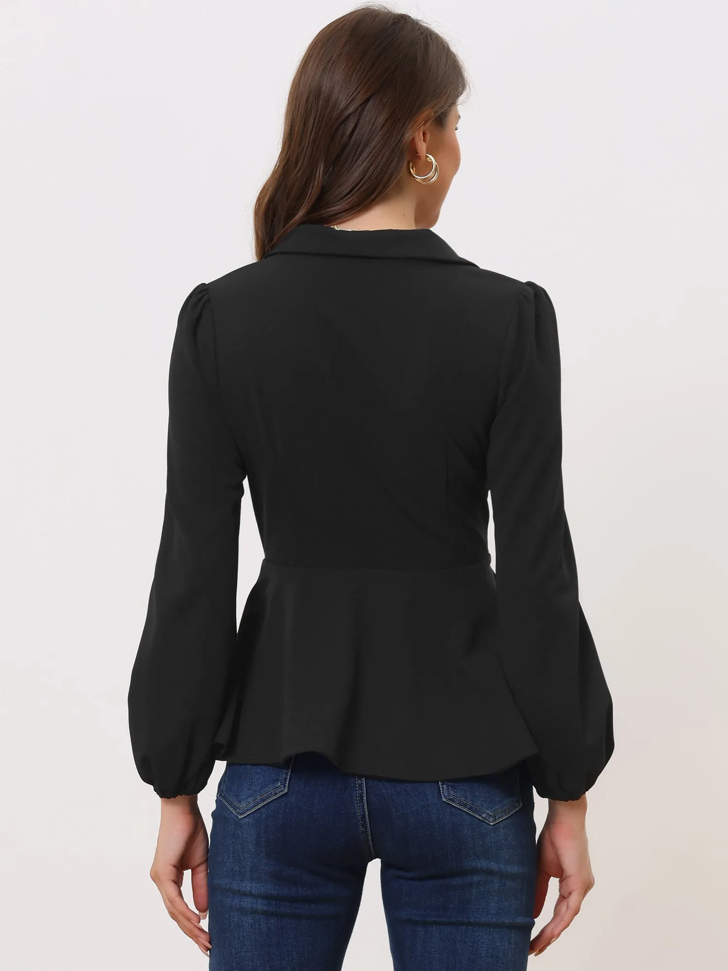 Peplum Long Lantern Sleeve Elegant Wrap V Neck Office Blouse sold by Allegra K product image thumbnail 3