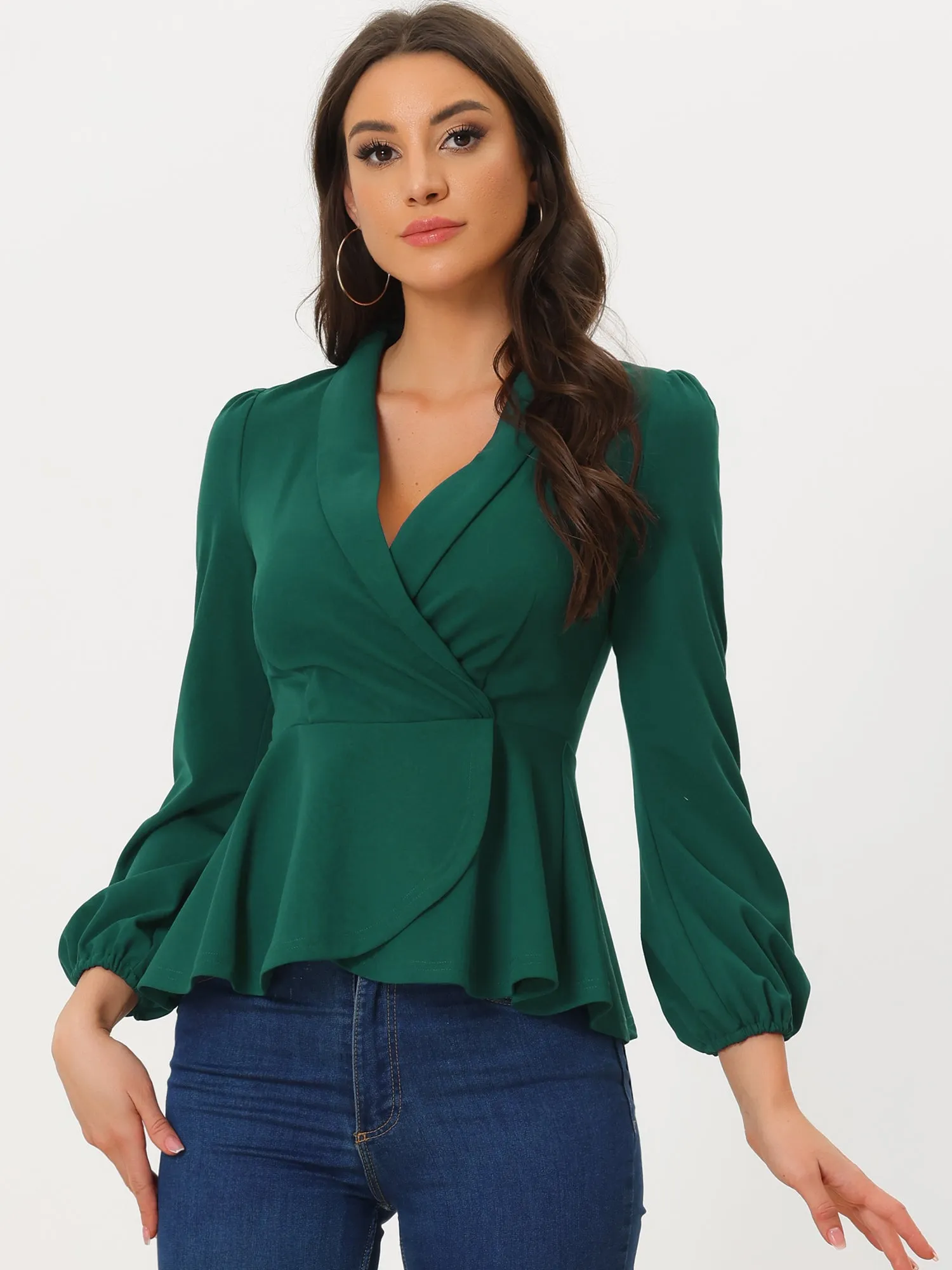 Peplum Long Lantern Sleeve Elegant Wrap V Neck Office Blouse sold by Allegra K product image thumbnail 5