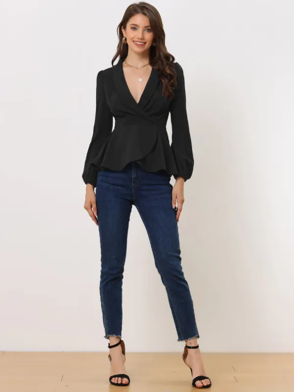 Peplum Long Lantern Sleeve Elegant Wrap V Neck Office Blouse sold by Allegra K