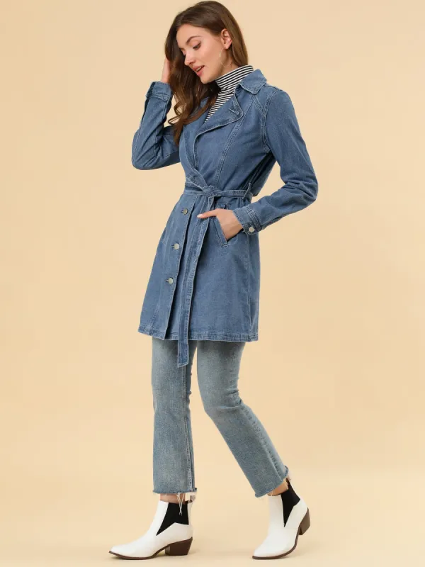 Notched Lapel Belted Trench Long Jean Denim Jacket sold by Allegra K