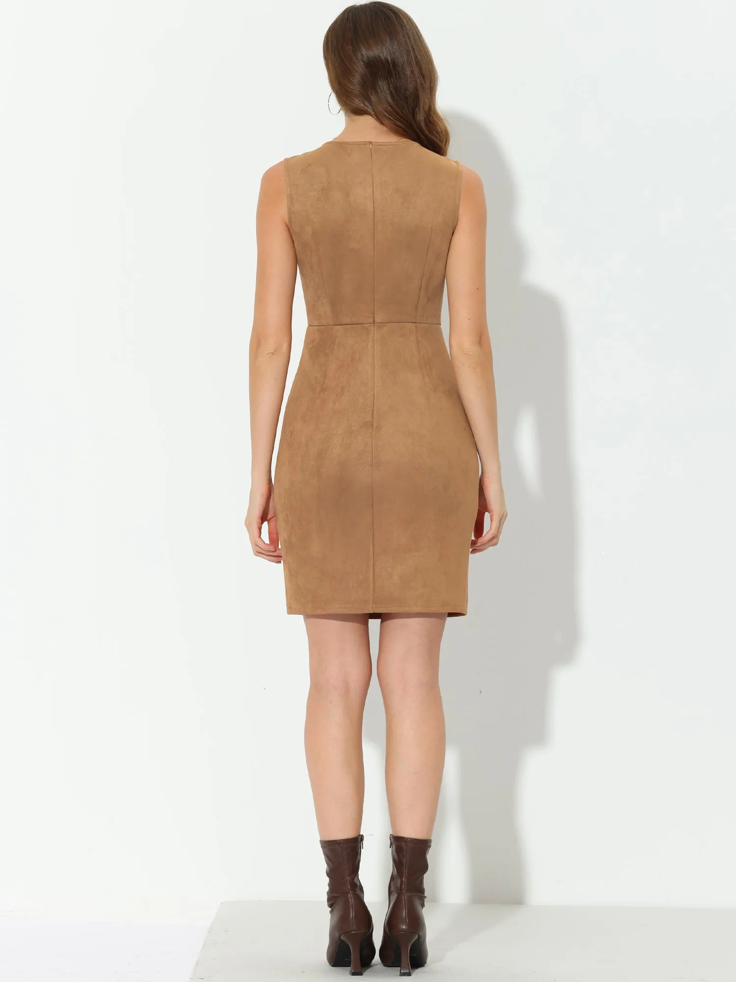 Sheath Sleeveless Button Decor Side Slit Suede Work Pencil Dress sold by Allegra K product image thumbnail 3