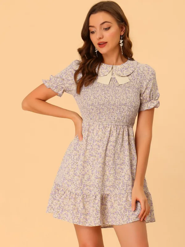 Smocked Floral Peter Pan Collar Tie Neck Puff Sleeve Ruffle Dress sold by Allegra K