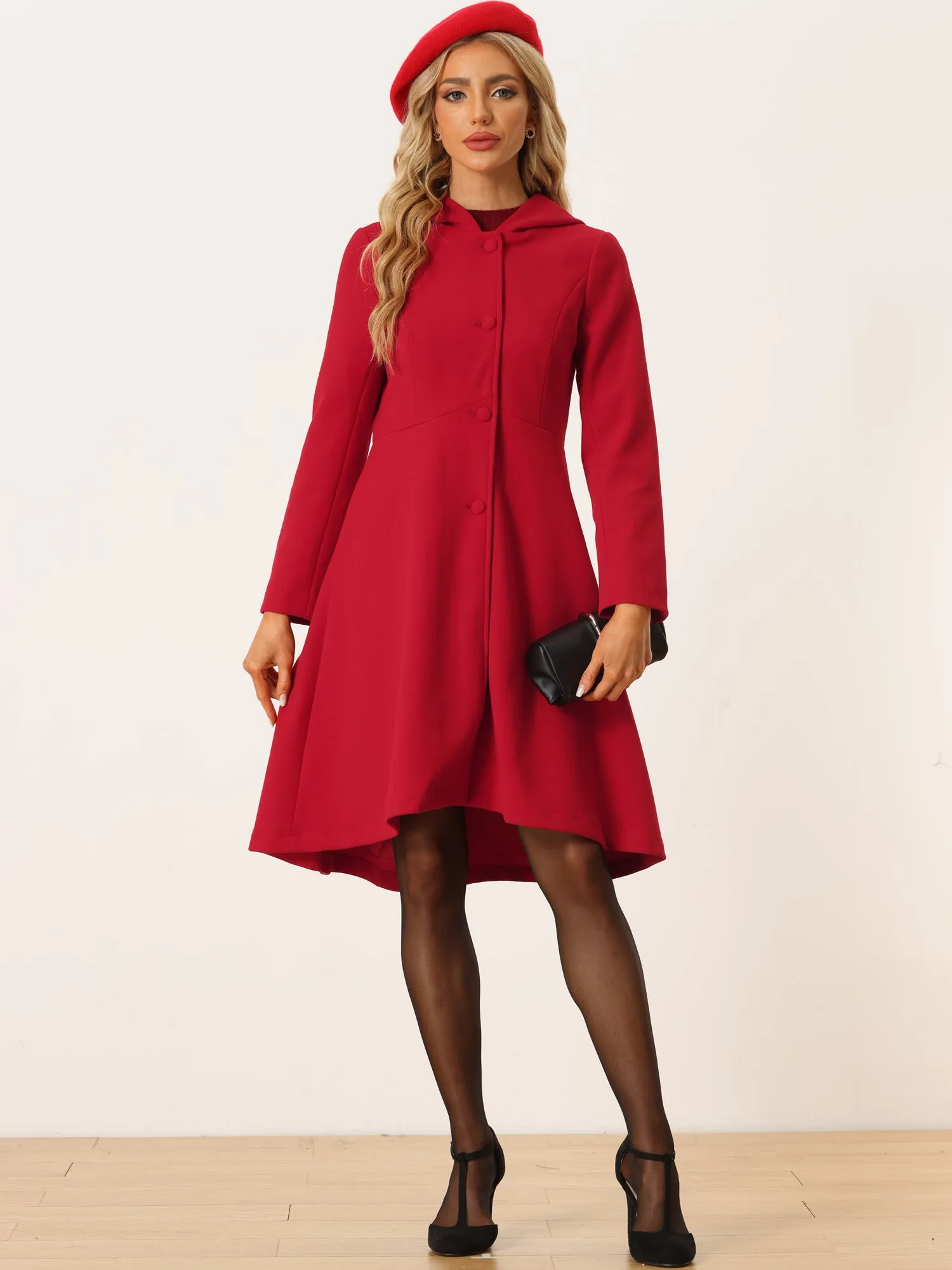 Winter Overcoat Solid Color Hooded Button Pockets Midi Long Coat sold by Allegra K